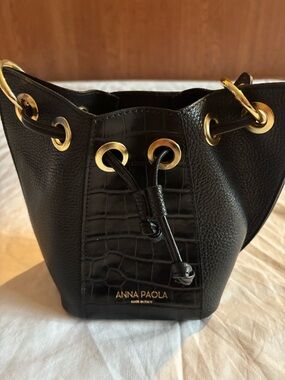 Anna Paola Black Leather Drawstring Bucket Bag